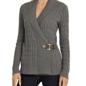 Ralph Lauren grey cable knit cowl neck sweater with leather buckle XS
